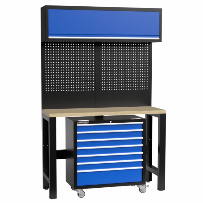 Kraftmeister Standard banco di lavoro con armadio a muro e carrello porta attrezzi compensato 136 cm blu