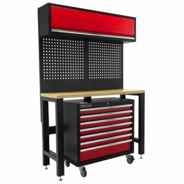 Kraftmeister Standard banco di lavoro con armadio a muro e carrello porta attrezzi compensato 136 cm rosso