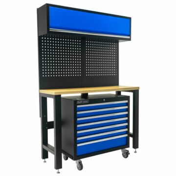 Kraftmeister Standard banco di lavoro con armadio a muro e carrello porta attrezzi compensato 136 cm blu