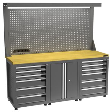 Kraftmeister banco da lavoro con parete 12 cassetti 2 porte MDF 200 cm grigio